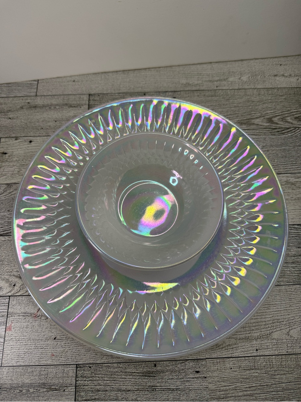 vintage Federal Glass plate and bowl in the Moonglow (or Iridescent) pattern